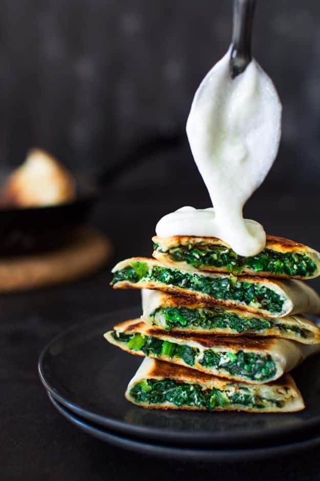 Best Spinach Recipes - Spanakopita Quesadilla - Easy, Healthy Lowfat Recipe Ideas for Dinner, Salads, Lunches, Sides, Smoothies and Even Dessert - Qucik and Creative Ideas for Vegetables - Cheesy, Creamed, Country Style Favorites for Family and For Kids #recipes #vegetablerecipes #spinach