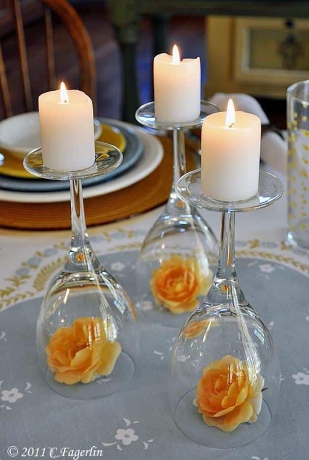 DIY Wedding Centerpieces - Upside Down Wine Glass Wedding Centerpiece - Do It Yourself Ideas for Brides and Best Centerpiece Ideas for Weddings - Step by Step Tutorials for Making Mason Jars, Rustic Crafts, Flowers, Modern Decor, Vintage and Cheap Ideas for Couples on A Budget Outdoor and Indoor Weddings #diyweddings #weddingcenterpieces #weddingdecorideas