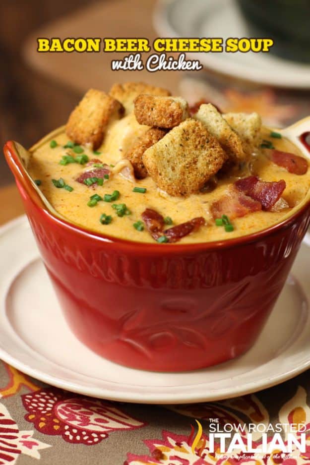 Best Recipes Made With Beer - Bacon Beer Cheese Soup with Chicken - Easy Dinner, Lunch and Snack Recipe Ideas Made With Beer - Food for the Slow Cooker and Crockpot, Meat and Chicken Dishes, Appetizers, Homemade Pretzels, Summer BBQ Sauces and PArty Food Ideas 