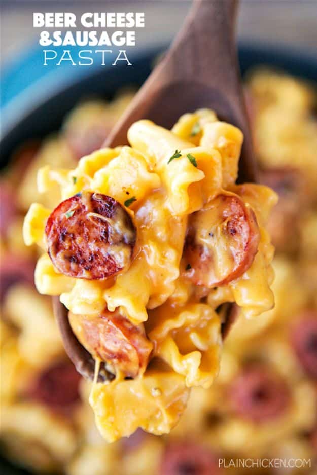 Best Recipes Made With Beer - Beer Cheese And Sausage Pasta - Easy Dinner, Lunch and Snack Recipe Ideas Made With Beer - Food for the Slow Cooker and Crockpot, Meat and Chicken Dishes, Appetizers, Homemade Pretzels, Summer BBQ Sauces and PArty Food Ideas 