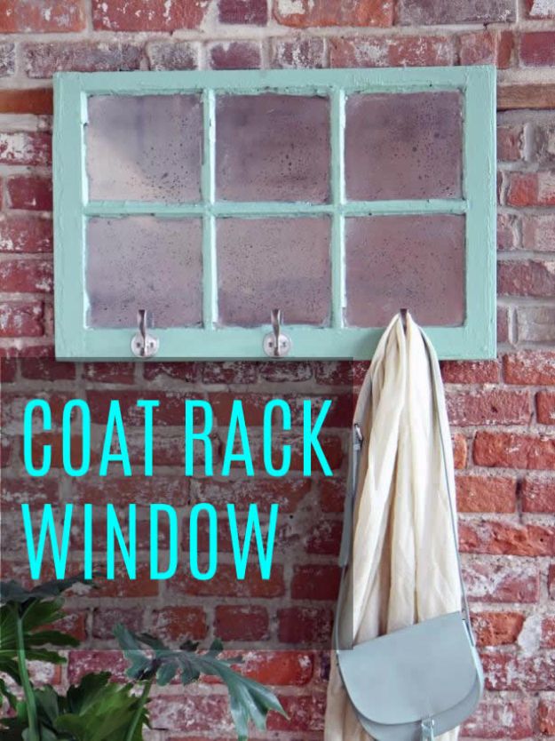 DIY Ideas With Old Windows - Coat Rack Window - Rustic Farmhouse Decor Tutorials and Projects Made With An Old Window - Easy Vintage Shelving, Coffee Table, Towel Hook, Wall Art, Picture Frames and Home Decor for Kitchen, Living Room and Bathroom - Creative Country Crafts, Seating, Furniture, Patio Decor and Rustic Wall Art and Accessories to Make and Sell 