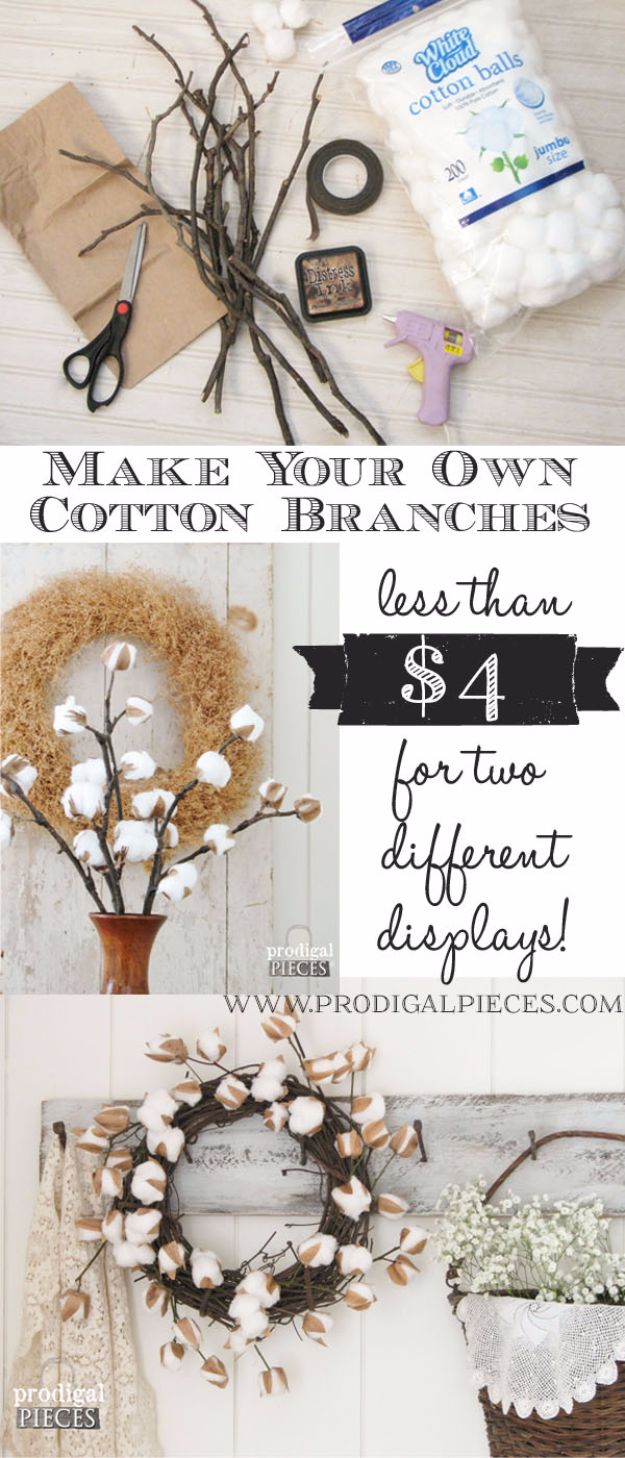 Best Country Decor Ideas - DIY Cotton Branches - Rustic Farmhouse Decor Tutorials and Easy Vintage Shabby Chic Home Decor for Kitchen, Living Room and Bathroom - Creative Country Crafts, Rustic Wall Art and Accessories to Make and Sell 