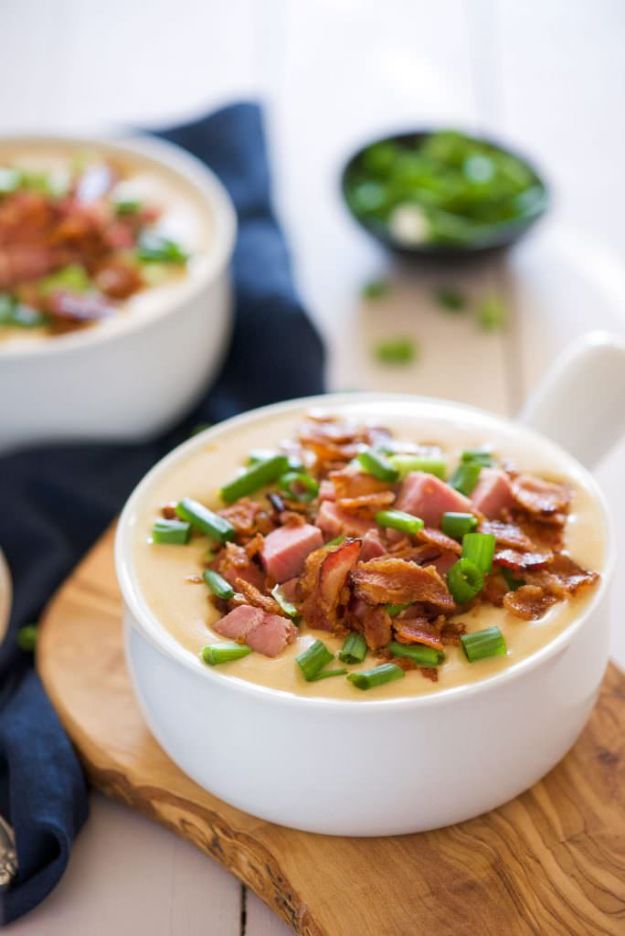 Best Recipes Made With Beer - Ham And White Cheddar Beer Cheese Soup - Easy Dinner, Lunch and Snack Recipe Ideas Made With Beer - Food for the Slow Cooker and Crockpot, Meat and Chicken Dishes, Appetizers, Homemade Pretzels, Summer BBQ Sauces and PArty Food Ideas 