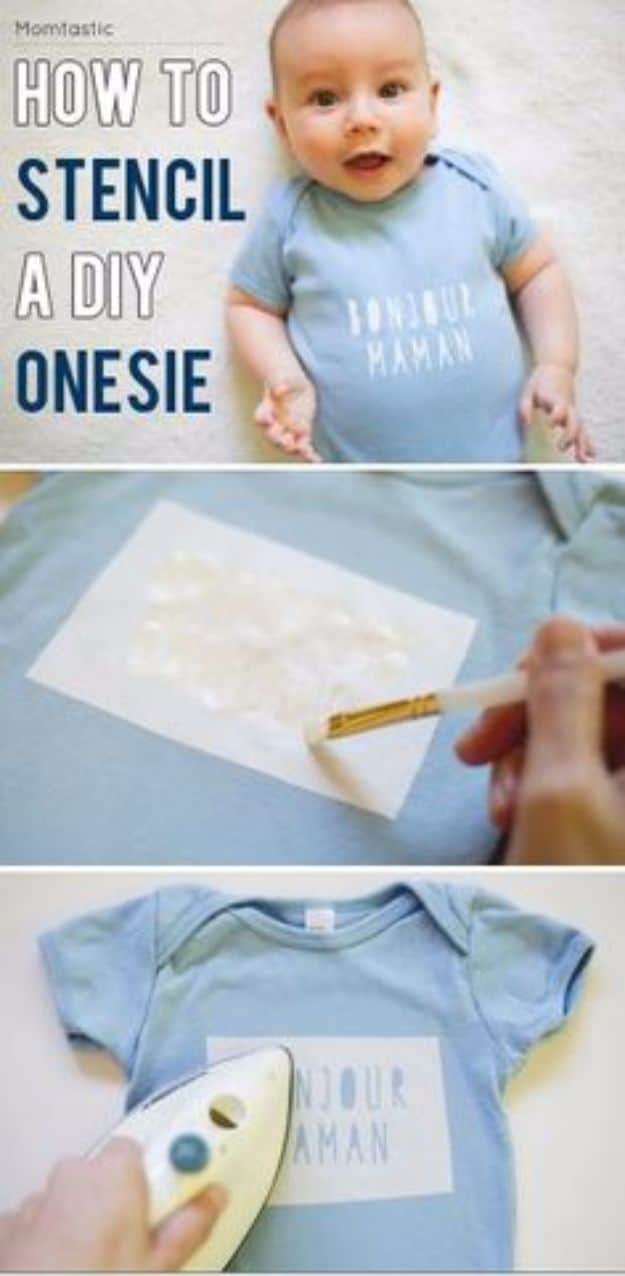 DIY Stencil Ideas - Stenciled Custom Onesies - Cool and Easy Stenciling Tutorials For Making Handmade Wallpaper and Designs, Furniture Makeover Ideas and Crafty Modern Decor With Stencils - Rustic Farmhouse Paint Techniques and Step by Step Instructions for Using Stencil Art in Your Living Room, Bedroom, Bathroom and Crafts 