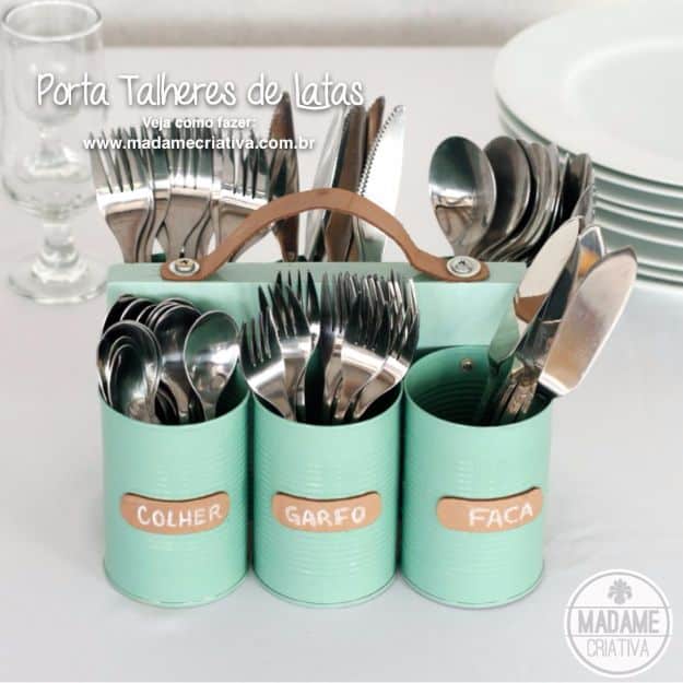DIY Ideas With Old Tin Cans - Tin Can Cutlery Holder - Rustic Farmhouse Decor Tutorials and Projects Made With An Old Tin Can - Easy Vintage Shelving, Wall Art, Picture Frames and Home Decor for Kitchen, Living Room and Bathroom - Creative Country Crafts, Craft Room Storage, Silverware Holder, Rustic Wall Art and Accessories to Make and Sell 