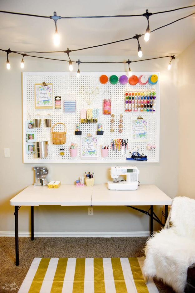 DIY Craft Room Ideas and Craft Room Organization Projects - Craft Room Makeover with Café Lights - Cool Ideas for Do It Yourself Craft Storage, Craft Room Decor and Organizing Project Ideas - fabric, paper, pens, creative tools, crafts supplies, shelves and sewing notions 