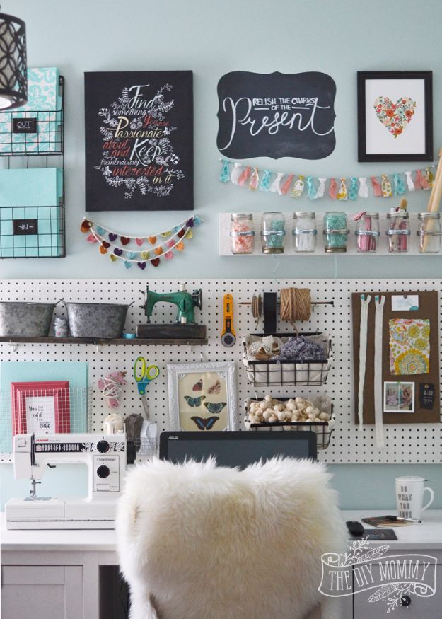 DIY Craft Room Ideas and Craft Room Organization Projects - Craft Room Office Pegboard Gallery Wall - Cool Ideas for Do It Yourself Craft Storage, Craft Room Decor and Organizing Project Ideas - fabric, paper, pens, creative tools, crafts supplies, shelves and sewing notions 