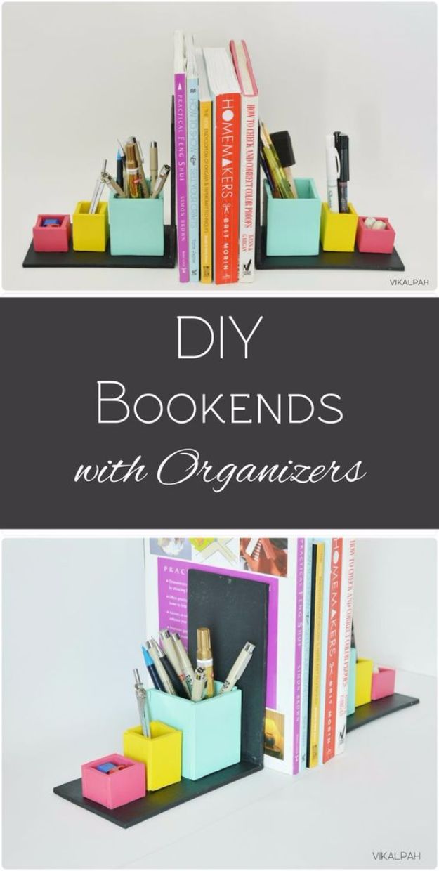 DIY Projects for Readers - DIY Bookends with Organizers - Book Storage, Bookmarks, Cool Bookshelves, Creative Projects Made With Books and For Book Lovers - Reading Lights, Bedside Table Ideas - Easy Crafts and DIY Ideas by DIY JOY 