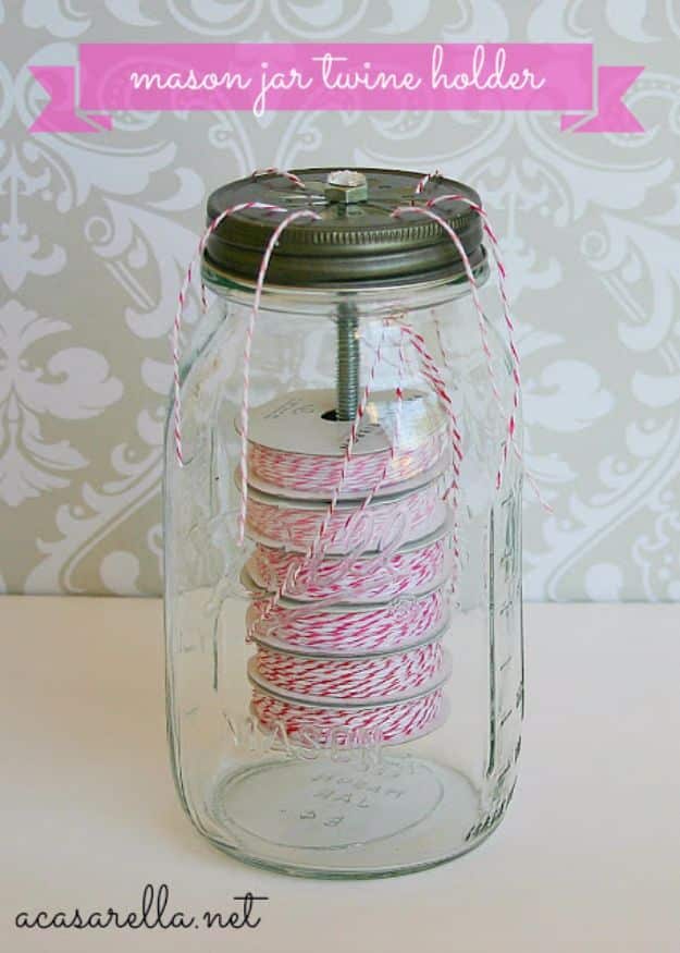 DIY Craft Room Storage Ideas and Craft Room Organization Projects - Mason Jar Twine Holder - Cool Ideas for Do It Yourself Craft Storage, Craft Room Decor and Organizing Project Ideas - fabric, paper, pens, creative tools, crafts supplies, shelves and sewing notions #diyideas #craftroom