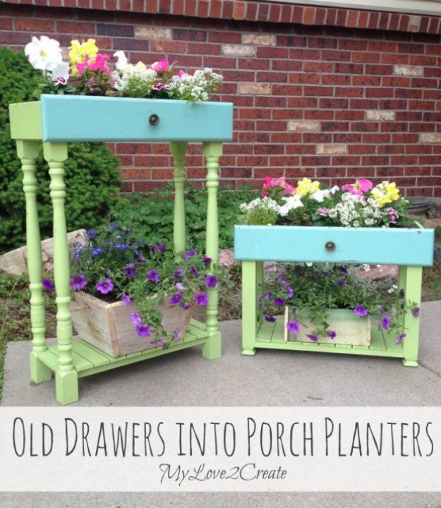 DIY Porch and Patio Ideas - Repurposed Drawers into Porch Planter Boxes - Decor Projects and Furniture Tutorials You Can Build for the Outdoors - Lights and Lighting, Mason Jar Crafts, Rocking Chairs, Wreaths, Swings, Bench, Cushions, Chairs, Daybeds and Pallet Signs 