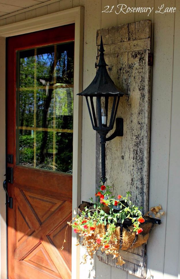DIY Porch and Patio Ideas - Shuttered Planter’s Lantern Wall Mount - Decor Projects and Furniture Tutorials You Can Build for the Outdoors - Lights and Lighting, Mason Jar Crafts, Rocking Chairs, Wreaths, Swings, Bench, Cushions, Chairs, Daybeds and Pallet Signs 