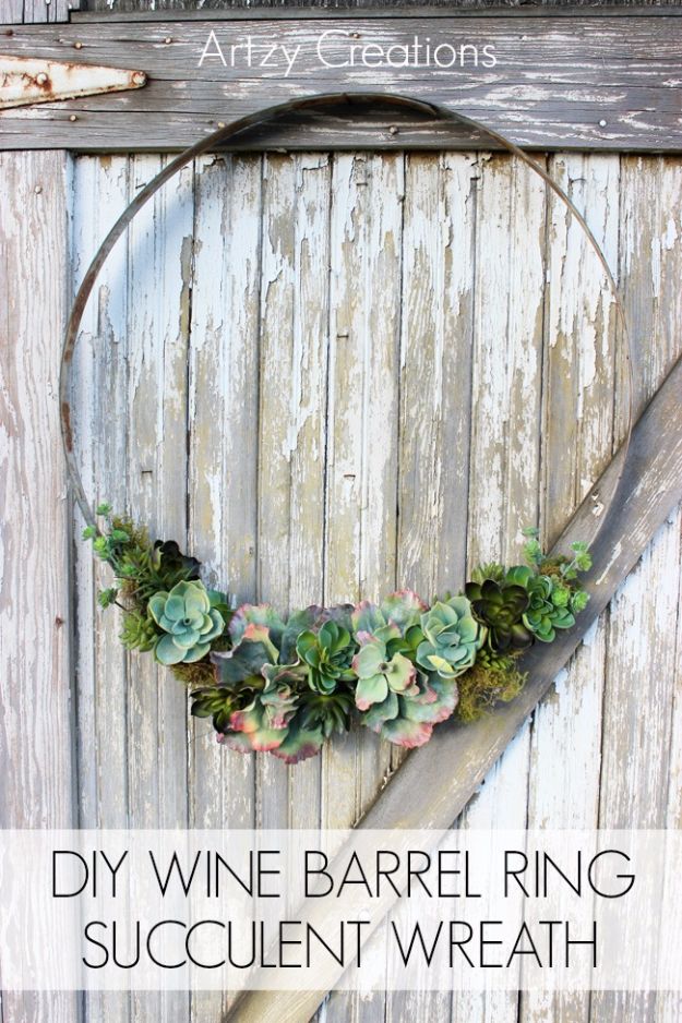 DIY Ideas With Old Barrels - Wine Barrel Ring Succulent Wreath - Rustic Farmhouse Decor Tutorials and Projects Made With a Barrel - Easy Vintage Home Decor for Kitchen, Living Room and Bathroom - Creative Country Crafts, Dog Beds, Seating, Furniture, Patio Decor and Rustic Wall Art and Accessories to Make and Sell 