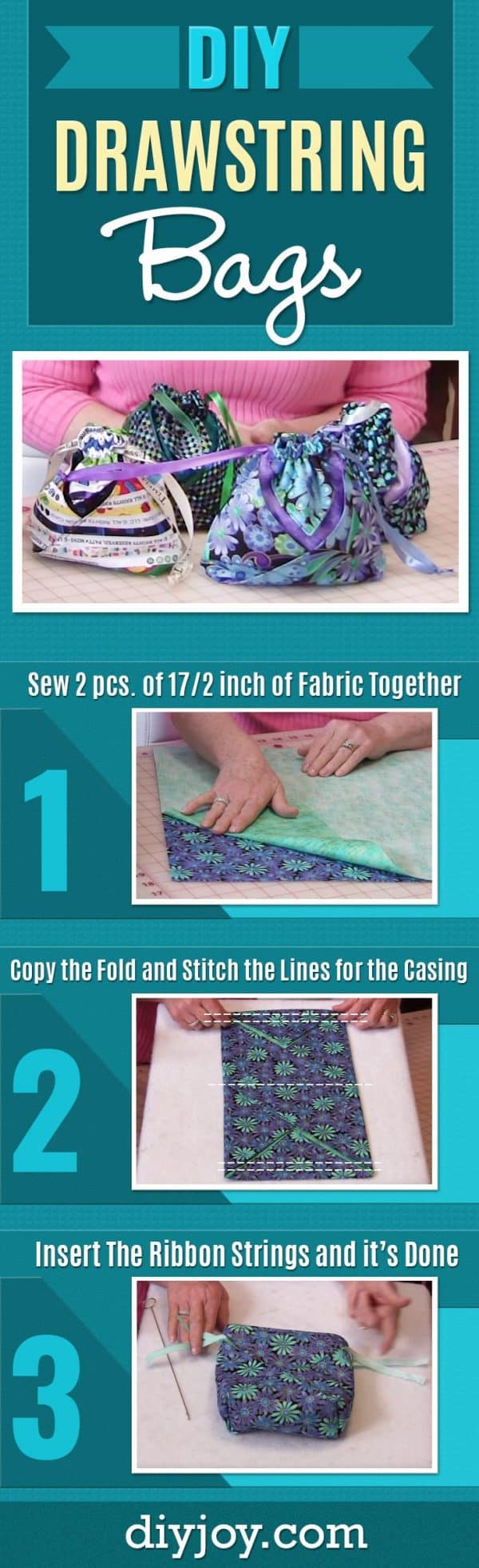 DIY Drawstring Bags - Quick and Easy Sewing Projects for Beginners - How to Sew An Easy Bag - Youtube Tutorial Video - How to Make A Drawstring Bag Step by Step