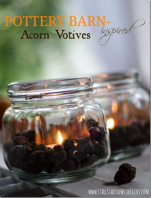 Best Mason Jar Crafts for Fall - Acorn Mason Jar Votives - DIY Mason Jar Ideas for Centerpieces, Wedding Decorations, Homemade Gifts, Craft Projects with Leaves, Flowers and Burlap, Painted Art, Candles and Luminaries for Cool Home Decor 