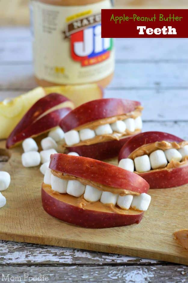 Best Halloween Party Snacks - How to Make Apple Peanut Butter Teeth - Healthy Ideas for Kids for School, Teens and Adults - Easy and Quick Recipes and Idea for Dips, Chips, Spooky Cookies and Treats - Appetizers and Finger Foods Made With Vegetables, No Candy, Cheap Food, Scary DIY Party Foods With Step by Step Tutorials #halloween #halloweenrecipes #halloweenparty