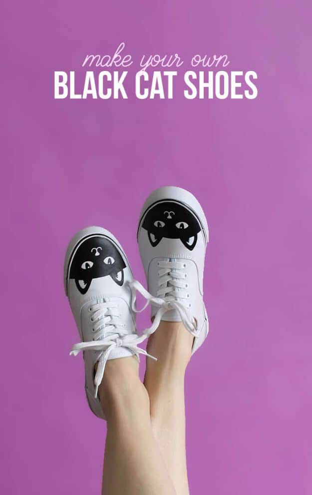 DIY Ideas for Tennis Shoes and Sneakers - Black Cat Shoes - Fun Projects to Decorate, Update and Style Your High Tops, Keds, Canvas Shoes, Chuck Taylors, White Converse and All Star - Tips, Tutorials, Free Pattern and Step by Step Tutorial - Sparkle, Glitter, Paint, Stencil Tie Dye - Cool Christmas Gifts and Presents and Homemade Gifts for Adults, Teens and Kids http://diyjoy.com/diy-ideas-tennis-shoes