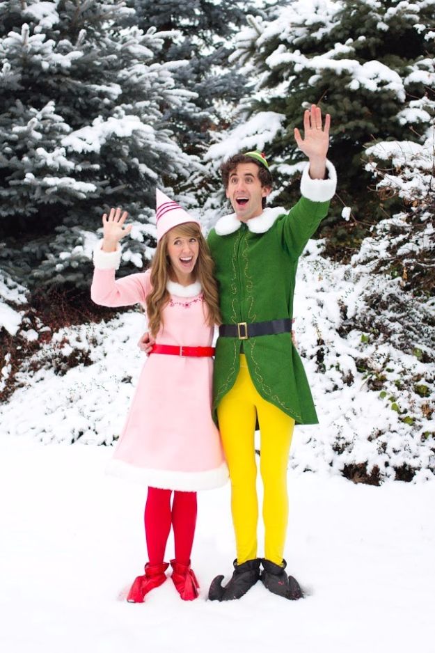 DIY Halloween Costumes for Couples - Buddy the ELF and Jovie Movie Character Couples Costume DIY - Funny, Creative and Scary Ideas for Parties, College Party - Unique and Cute Project Idea for Disney Characters, Superhero, Movie Themes, Bonnie and Clyde, Homemade Costume Projects for Boyfriends - Quick Last Minutes Halloween Costume Ideas from Pinterest #halloween #halloweencostumes