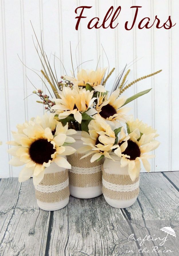 Best Mason Jar Crafts for Fall - Burlap And Lace Mason Jars For Fall - DIY Mason Jar Ideas for Centerpieces, Wedding Decorations, Homemade Gifts, Craft Projects with Leaves, Flowers and Burlap, Painted Art, Candles and Luminaries for Cool Home Decor 