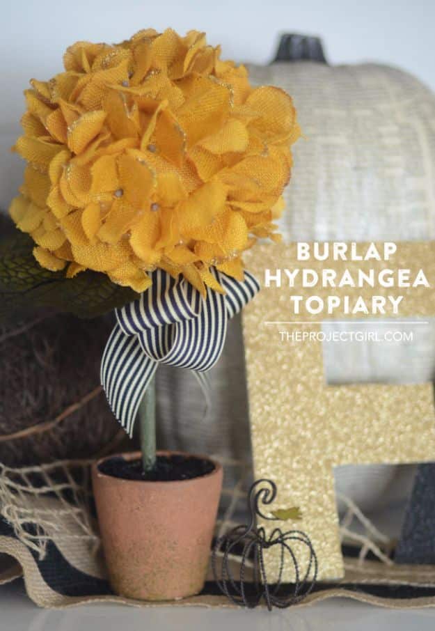 Best Crafts for Fall - Burlap Hydrangea Topiary - DIY Mason Jar Ideas, Dollar Store Crafts, Rustic Pumpkin Ideas, Wreaths, Candles and Wall Art, Centerpieces, Wedding Decorations, Homemade Gifts, Craft Projects with Leaves, Flowers and Burlap, Painted Art, Candles and Luminaries for Cool Home Decor - Quick and Easy Projects With Step by Step Tutorials and Instructions 