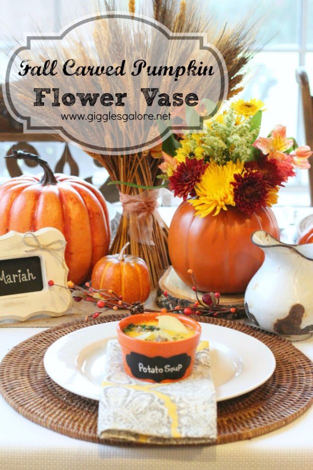 Best Crafts for Fall - Carved Pumpkin Flower Vase - DIY Mason Jar Ideas, Dollar Store Crafts, Rustic Pumpkin Ideas, Wreaths, Candles and Wall Art, Centerpieces, Wedding Decorations, Homemade Gifts, Craft Projects with Leaves, Flowers and Burlap, Painted Art, Candles and Luminaries for Cool Home Decor - Quick and Easy Projects With Step by Step Tutorials and Instructions