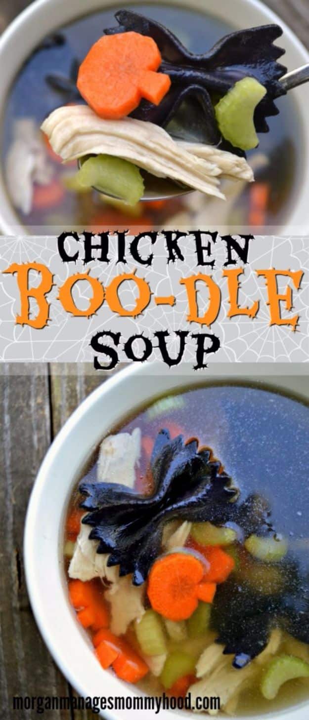  Halloween Lunch Ideas for Kids - Chicken Boo-dle Soup Recipe - Healthy Ideas for Kids for School, Teens and Adults - Easy and Quick Recipes and Idea for Dips, Chips, Spooky Cookies and Treats - Appetizers and Finger Foods Made With Vegetables, No Candy, Cheap Food, Scary DIY Party Foods With Step by Step Tutorials #halloween #halloweenrecipes #halloweenparty