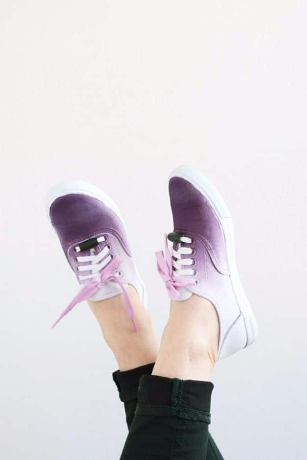 DIY Ideas for Tennis Shoes and Sneakers - DIY Ombre Shoes And Laces - Fun Projects to Decorate, Update and Style Your High Tops, Keds, Canvas Shoes, Chuck Taylors, White Converse and All Star - Tips, Tutorials, Free Pattern and Step by Step Tutorial - Sparkle, Glitter, Paint, Stencil Tie Dye - Cool Christmas Gifts and Presents and Homemade Gifts for Adults, Teens and Kids http://diyjoy.com/diy-ideas-tennis-shoes