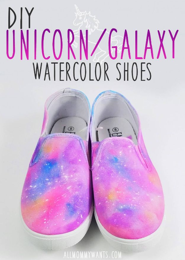 DIY Ideas for Tennis Shoes and Sneakers - DIY Unicorn Watercolor Shoes - Fun Projects to Decorate, Update and Style Your High Tops, Keds, Canvas Shoes, Chuck Taylors, White Converse and All Star - Tips, Tutorials, Free Pattern and Step by Step Tutorial - Sparkle, Glitter, Paint, Stencil Tie Dye - Cool Christmas Gifts and Presents and Homemade Gifts for Adults, Teens and Kids 