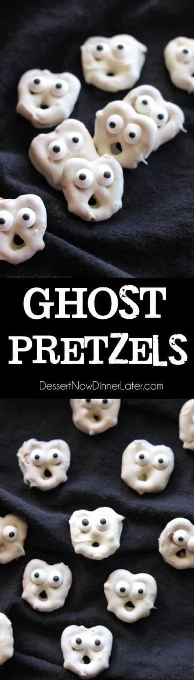 Best Halloween Party Snacks - Ghost Pretzels - Healthy Ideas for Kids for School, Teens and Adults - Easy and Quick Recipes and Idea for Dips, Chips, Spooky Cookies and Treats - Appetizers and Finger Foods Made With Vegetables, No Candy, Cheap Food, Scary DIY Party Foods With Step by Step Tutorials #halloween #halloweenrecipes #halloweenparty