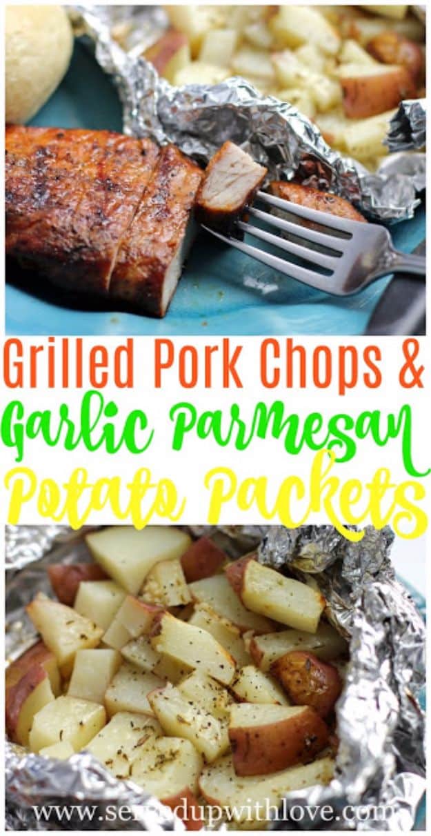 Tin Foil Camping Recipes - Grilled Hickory Smoked Brown Sugar Pork Chops with Garlic Parmesan Potato Packets - DIY Tin Foil Dinners, Ideas for Camping Trips and On Grill. Hamburger, Chicken, Healthy, Fish, Steak , Easy Make Ahead Recipe Ideas for the Campfire. Breakfast, Lunch, Dinner and Dessert, Snacks all Wrapped in Foil for Quick Cooking #camping #tinfoilrecipes #campingrecipes