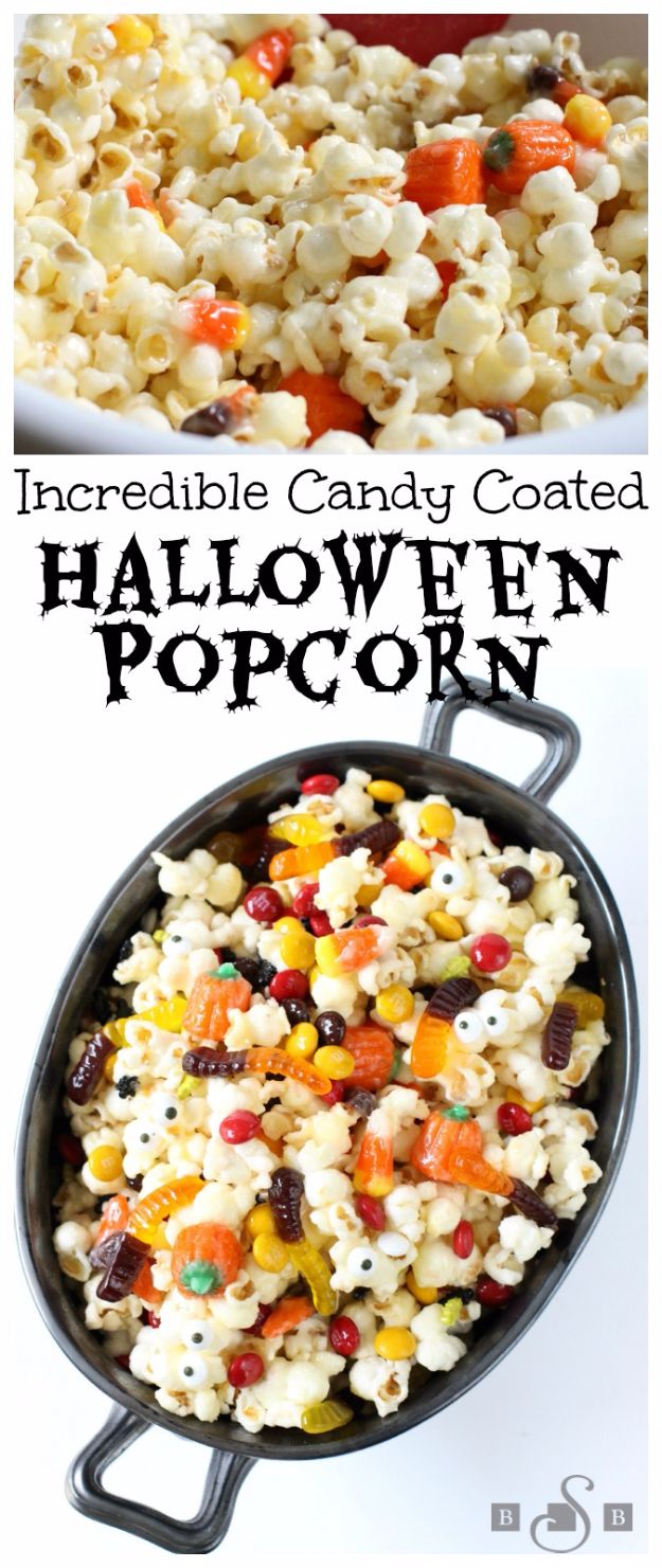 Best Halloween Party Snacks - Incredible Candy Coated Halloween Popcorn - Healthy Ideas for Kids for School, Teens and Adults - Easy and Quick Recipes and Idea for Dips, Chips, Spooky Cookies and Treats - Appetizers and Finger Foods Made With Vegetables, No Candy, Cheap Food, Scary DIY Party Foods With Step by Step Tutorials #halloween #halloweenrecipes #halloweenparty