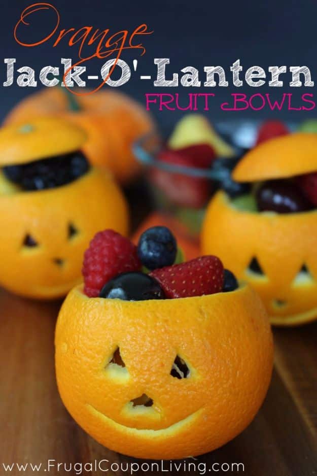 Healthy Halloween Party Recipe Ideas - Orange Jack-O'-Lantern Fruit Bowl - Healthy Ideas for Kids for School, Teens and Adults - Easy and Quick Recipes and Idea for Dips, Chips, Spooky Cookies and Treats - Appetizers and Finger Foods Made With Vegetables, No Candy, Cheap Food, Scary DIY Party Foods With Step by Step Tutorials #halloween #halloweenrecipes #halloweenparty