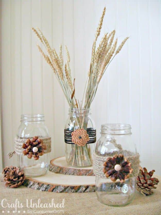 Best Mason Jar Crafts for Fall - Pine Cone Flower Embellished Mason Jars - DIY Mason Jar Ideas for Centerpieces, Wedding Decorations, Homemade Gifts, Craft Projects with Leaves, Flowers and Burlap, Painted Art, Candles and Luminaries for Cool Home Decor 