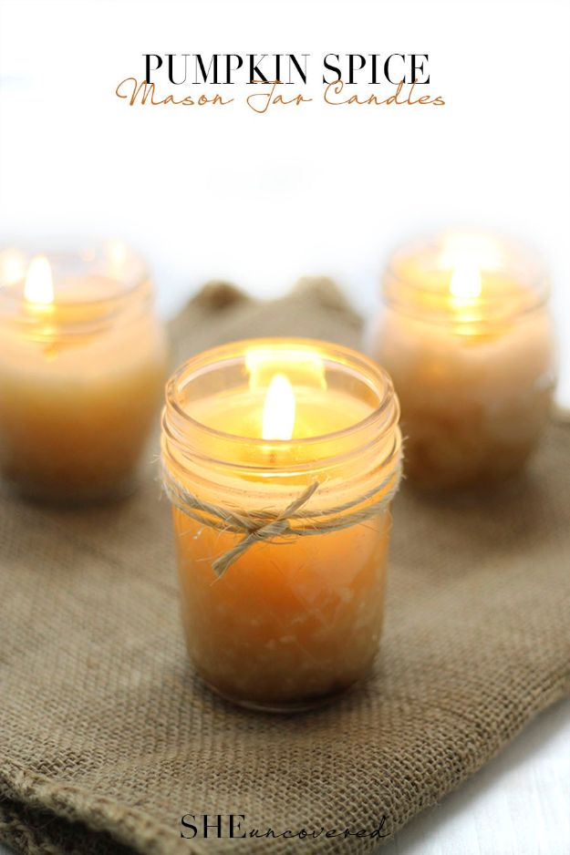 Best Mason Jar Crafts for Fall - Pumpkin Spice Mason Jar Candle - DIY Mason Jar Ideas for Centerpieces, Wedding Decorations, Homemade Gifts, Craft Projects with Leaves, Flowers and Burlap, Painted Art, Candles and Luminaries for Cool Home Decor 