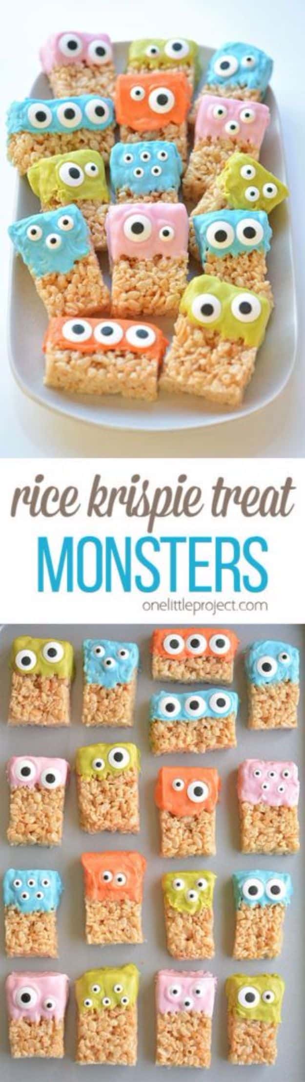 Cool Halloween Dessert Recipe - Rice Krispie Treat Monsters - Healthy Ideas for Kids for School, Teens and Adults - Easy and Quick Recipes and Idea for Dips, Chips, Spooky Cookies and Treats - Appetizers and Finger Foods Made With Vegetables, No Candy, Cheap Food, Scary DIY Party Foods With Step by Step Tutorials #halloween #halloweenrecipes #halloweenparty