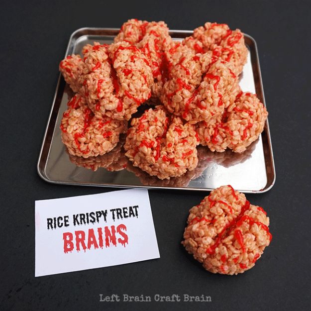 Best Halloween Party Snacks - Rice Krispy Treat Brains - Healthy Ideas for Kids for School, Teens and Adults - Easy and Quick Recipes and Idea for Dips, Chips, Spooky Cookies and Treats - Appetizers and Finger Foods Made With Vegetables, No Candy, Cheap Food, Scary DIY Party Foods With Step by Step Tutorials #halloween #halloweenrecipes #halloweenparty