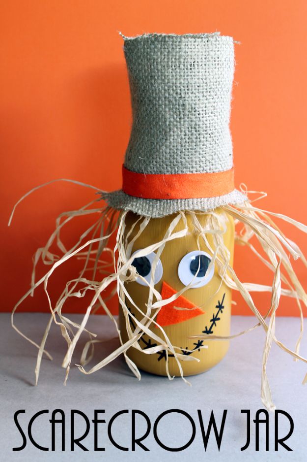 Best Mason Jar Crafts for Fall - Scarecrow Jar Fall Craft - DIY Mason Jar Ideas for Centerpieces, Wedding Decorations, Homemade Gifts, Craft Projects with Leaves, Flowers and Burlap, Painted Art, Candles and Luminaries for Cool Home Decor 