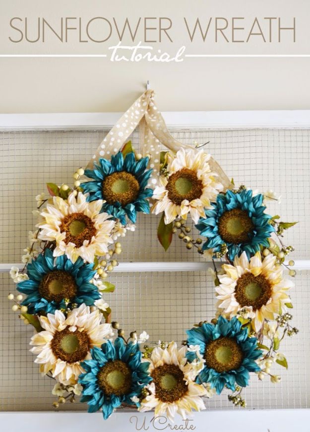 Best Crafts for Fall - Sunflower Wreath - DIY Mason Jar Ideas, Dollar Store Crafts, Rustic Pumpkin Ideas, Wreaths, Candles and Wall Art, Centerpieces, Wedding Decorations, Homemade Gifts, Craft Projects with Leaves, Flowers and Burlap, Painted Art, Candles and Luminaries for Cool Home Decor - Quick and Easy Projects With Step by Step Tutorials and Instructions 