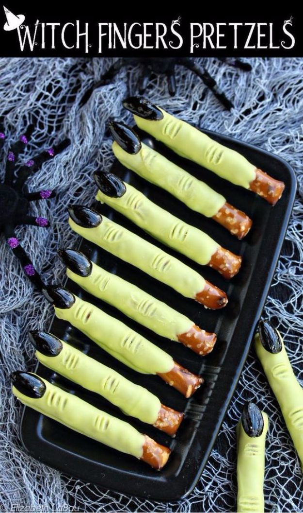Best Halloween Party Snacks - Witch Finger Pretzel Rods - Healthy Ideas for Kids for School, Teens and Adults - Easy and Quick Recipes and Idea for Dips, Chips, Spooky Cookies and Treats - Appetizers and Finger Foods Made With Vegetables, No Candy, Cheap Food, Scary DIY Party Foods With Step by Step Tutorials #halloween #halloweenrecipes #halloweenparty