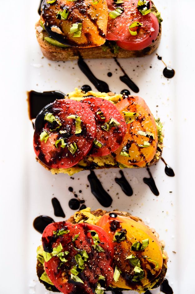 Easy Dinner Ideas for Two - Avocado + Heirloom Tomato Toast With Balsamic Drizzle - Quick, Fast and Simple Recipes to Make for Two People - Freeze and Make Ahead Dinner Recipe Tips for Best Weeknight Dinners - Chicken, Fish, Vegetable, No Bake and Vegetarian Options - Crockpot, Microwave, Healthy, Lowfat 