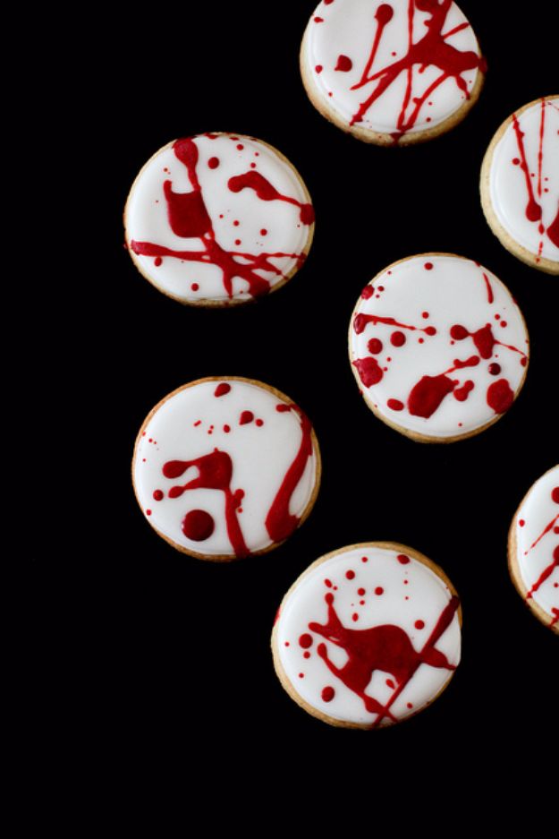 Cute Halloween Cookies - Blood Spatter Cookies - Easy Recipes and Cookie Tutorials for Making Quick Halloween Treats - Spooky DIY Decorated Ghosts, Pumpkins, Bats, No Bake, Spiders and Spiderwebs, Tombstones and Healthy Options, Kids and Teens Cookies for School #halloween #halloweencookies