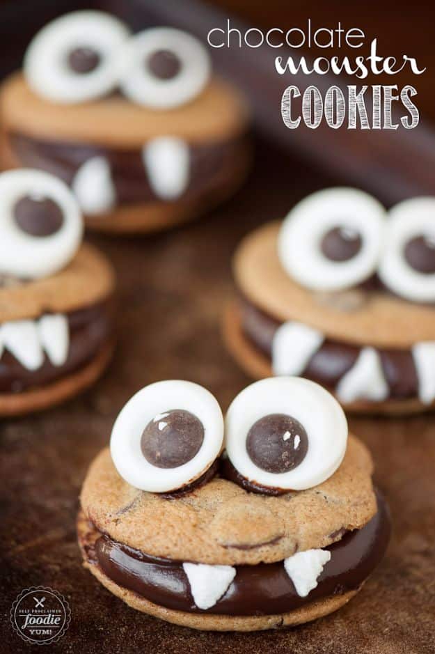 Cute Halloween Cookies - Chocolate Monster Cookies - Easy Recipes and Cookie Tutorials for Making Quick Halloween Treats - Spooky DIY Decorated Ghosts, Pumpkins, Bats, No Bake, Spiders and Spiderwebs, Tombstones and Healthy Options, Kids and Teens Cookies for School #halloween #halloweencookies