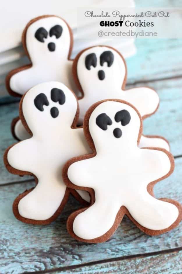 Cute Halloween Cookies - Chocolate Peppermint Cut Out Cookies - Easy Recipes and Cookie Tutorials for Making Quick Halloween Treats - Spooky DIY Decorated Ghosts, Pumpkins, Bats, No Bake, Spiders and Spiderwebs, Tombstones and Healthy Options, Kids and Teens Cookies for School #halloween #halloweencookies