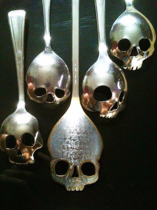 DIY Silverware Upgrades - Custom Skull Spoons - Creative Ways To Improve Boring Silver Ware and Palce Settings - Paint, Decorate and Update Your Flatware With These Creative Do IT Yourself Tutorials- Forks, Knives and Spoons all Get Dressed Up With These New Looks For Kitchen and Dining Room 