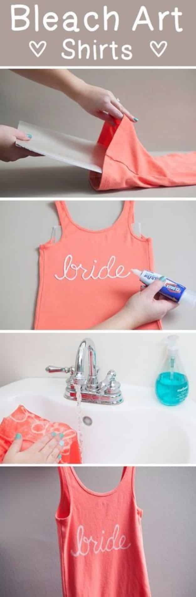 Cheap Wedding Gift Ideas - DIY Bleached Bride T-Shirt - DIY Wedding Gifts You Can Make On A Budget - Quick and Easy Ideas for Handmade Presents for the Couple Getting Married - Inexpensive Things To Make for Bride and Groom - DIY Home Decor, Wall Art, Glassware, Furniture, Tableware, Place Settings, Cake and Cookie Plates and Glasses #diyweddings #weddinggifts