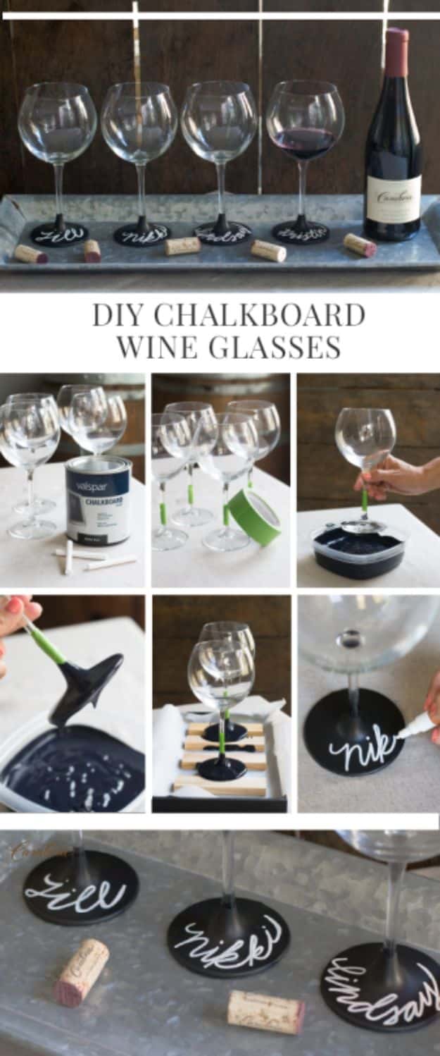 Cheap Wedding Gift Ideas - DIY Chalkboard Wine Glasses - DIY Wedding Gifts You Can Make On A Budget - Quick and Easy Ideas for Handmade Presents for the Couple Getting Married - Inexpensive Things To Make for Bride and Groom - DIY Home Decor, Wall Art, Glassware, Furniture, Tableware, Place Settings, Cake and Cookie Plates and Glasses #diyweddings #weddinggifts