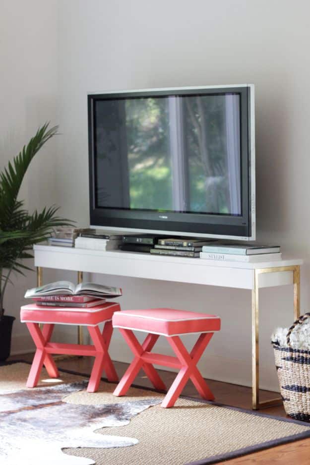 DIY Media Consoles and TV Stands - DIY Gold Leaf IKEA Console Table - Make a Do It Yourself Entertainment Center With These Easy Step By Step Tutorials - Easy Farmhouse Decor Media Stand for Television - Free Plans and Instructions for Building and Painting Your Own DIY Furniture - IKEA Hacks for TV Stand Idea - Quick and Easy Ways to Decorate Your Home On A Budget #diyhomedecor