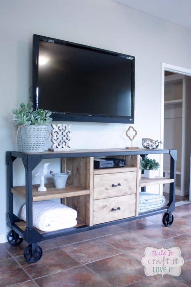 DIY Media Consoles and TV Stands - DIY Industrial Media Console - Make a Do It Yourself Entertainment Center With These Easy Step By Step Tutorials - Easy Farmhouse Decor Media Stand for Television - Free Plans and Instructions for Building and Painting Your Own DIY Furniture - IKEA Hacks for TV Stand Idea - Quick and Easy Ways to Decorate Your Home On A Budget #diyhomedecor
