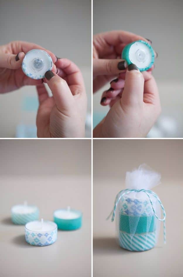 DIY Ideas for Candles - DIY Washi Tape Tea Light Favors - Cute, Cheap and Creative Ways to Decorate With Candles - Votives and Candle Holders Make Some Of Our Favorite Home Decor Ideas and Homemade Do It Yourself Gifts - Give One of These Inexpensive Ideas to Mom, Dad and Friends - Easy Dollar Store Crafts With Candle 