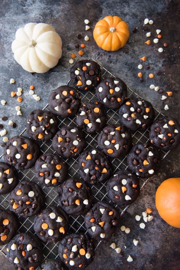 Cute Halloween Cookies - Dark Chocolate Halloween Chip Cookies - Easy Recipes and Cookie Tutorials for Making Quick Halloween Treats - Spooky DIY Decorated Ghosts, Pumpkins, Bats, No Bake, Spiders and Spiderwebs, Tombstones and Healthy Options, Kids and Teens Cookies for School #halloween #halloweencookies