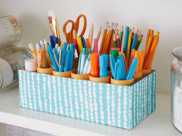 DIY Ideas With Shoe Boxes - Desk Caddy - Shoe Box Crafts and Organizers for Storage - How To Make A Shelf, Makeup Organizer, Kids Room Decoration, Storage Ideas Projects - Cheap Home Decor DIY Ideas for Kids, Adults and Teens Rooms #diyideas #upcycle